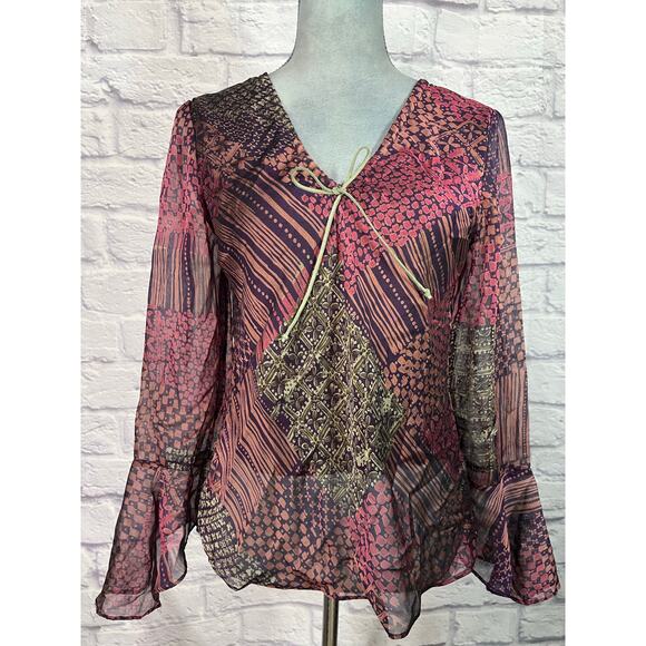 Vintage Y2K Ilyse Hart LTD Boho Trashy 2000s Blouse with Suede Neck Lace - Picture 1 of 8